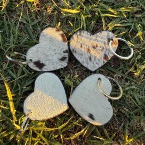Handmade leather heart keyring with natural hide pattern